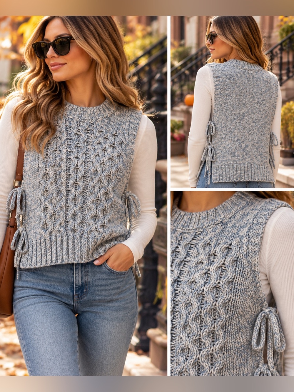 PILCRO Side-Tie Cable Sweater Vest Blue & Gray XL